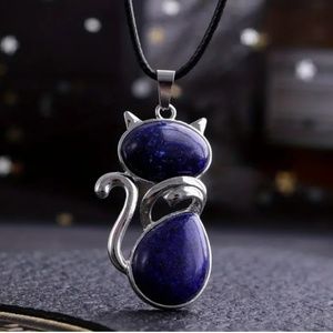 NWT Purrfect Gemstone Lapis Lazuli  Silver Tone Cat Pendant with Neck…